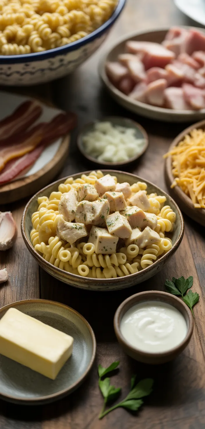 Ingredients photo for Creamy Chicken Bacon Ranch Pasta – The Ultimate Comfort Food! Recipe