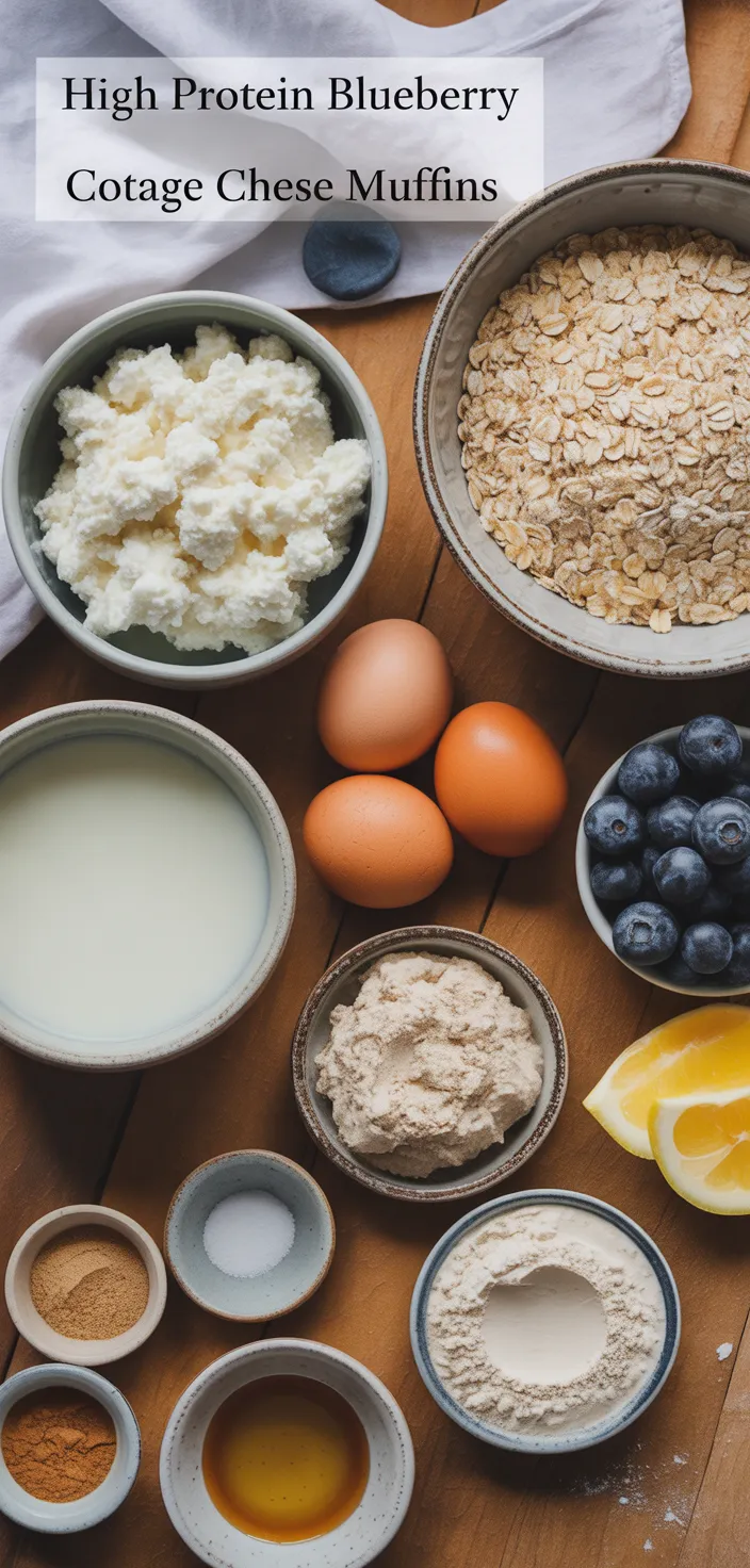 Ingredients photo for High Protein Blueberry Cottage Cheese Muffins Recipe