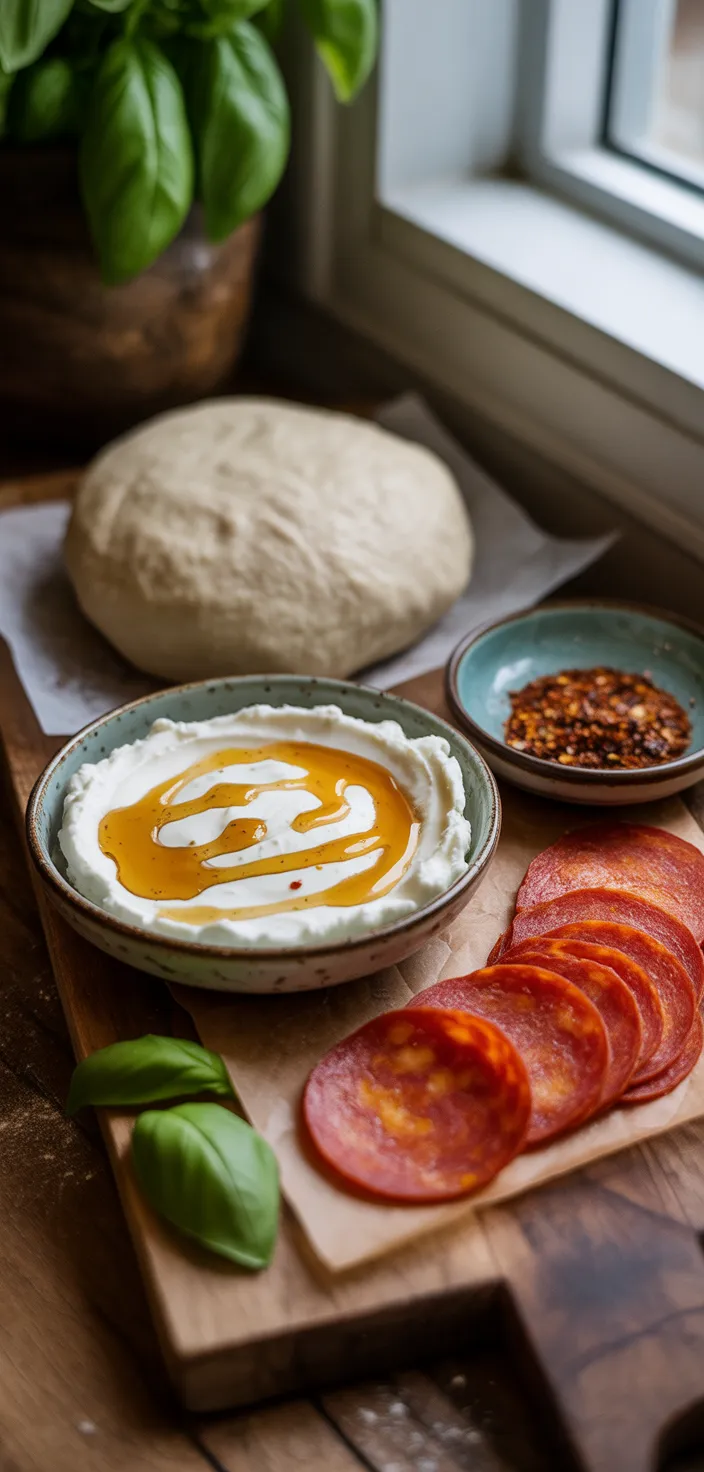 Ingredients photo for Hot Honey Pepperoni Ricotta Pizza Recipe