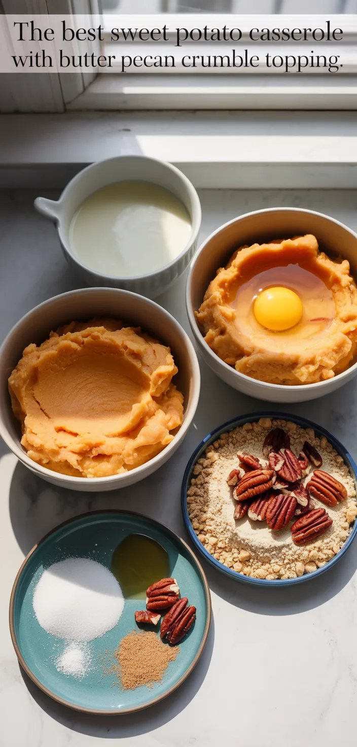 Ingredients photo for The Best Sweet Potato Casserole With Butter Pecan Crumble Topping Recipe
