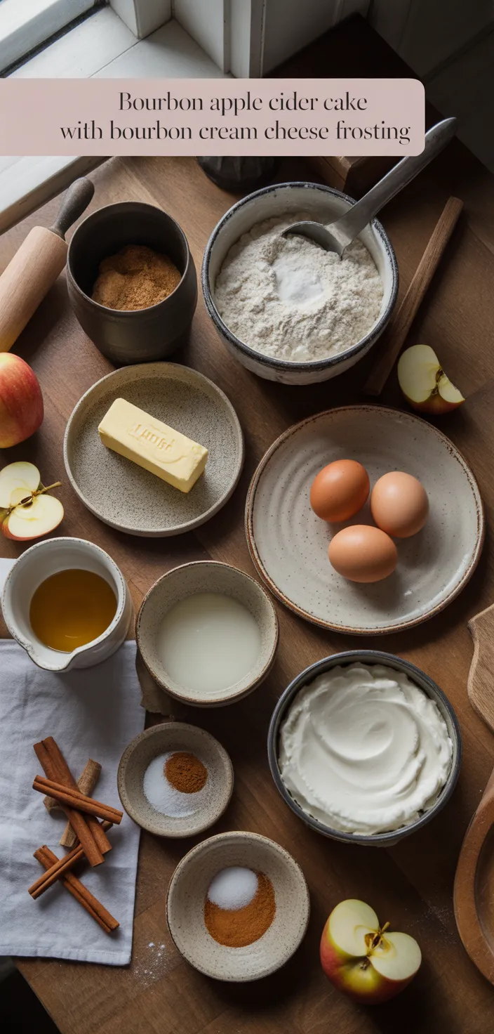 Ingredients photo for Bourbon Apple Cider Cake With Bourbon Cream Cheese Frosting Recipe