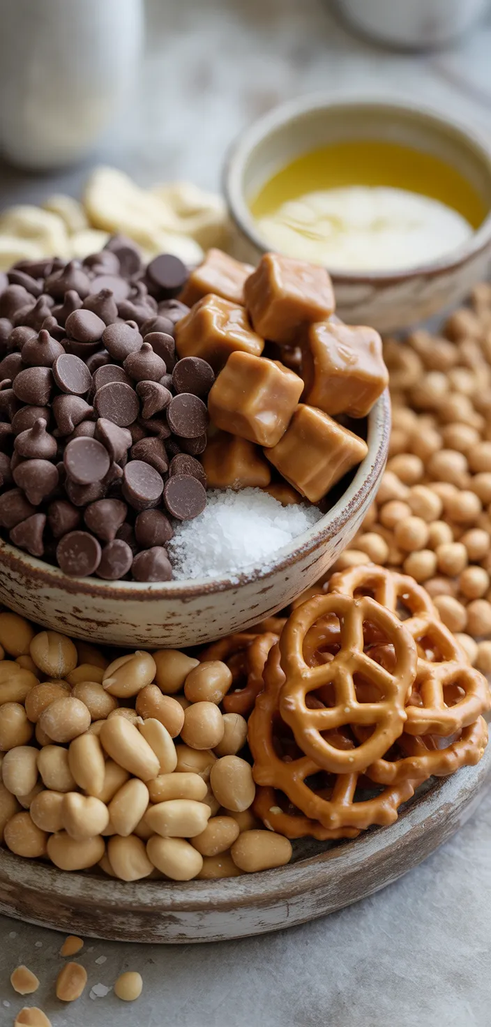 Ingredients photo for Crockpot Candy [Peanuts + Caramel + Pretzels] Recipe