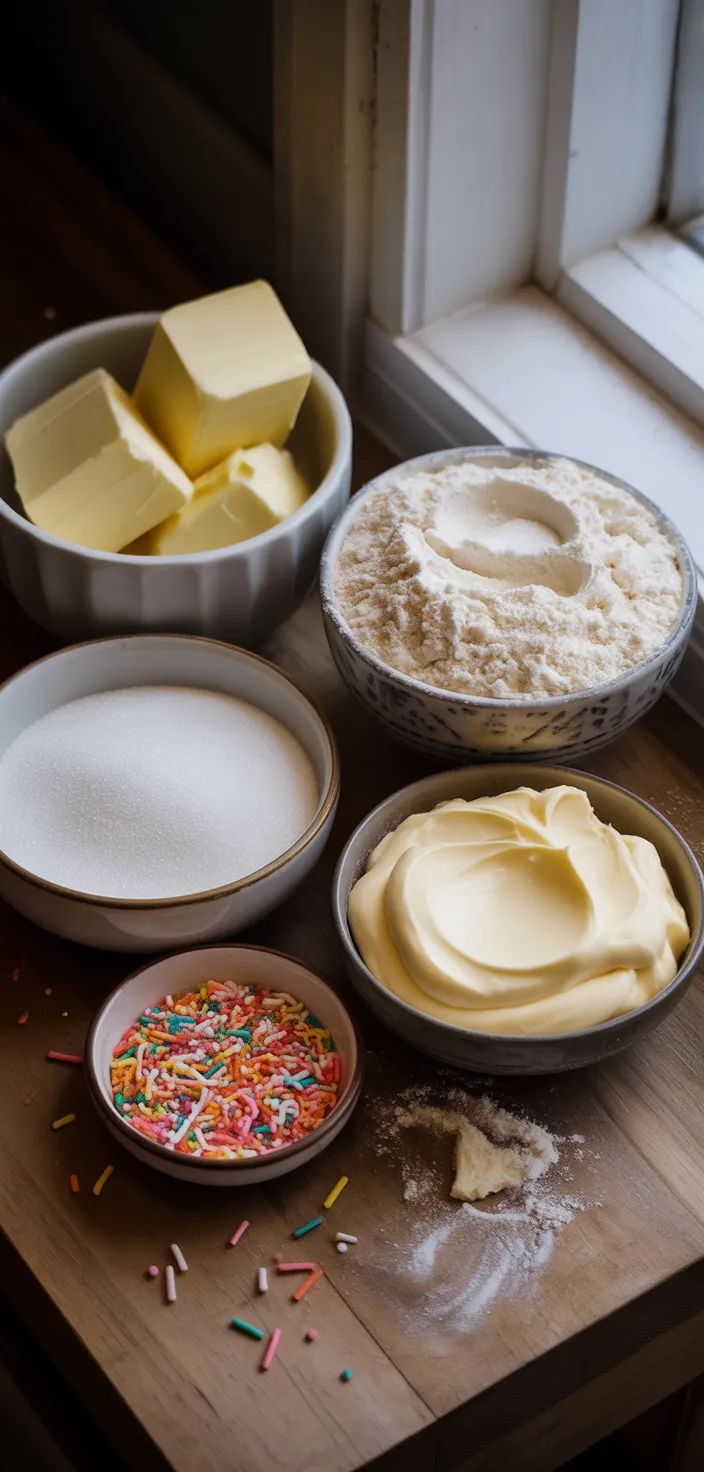 Ingredients photo for Funfetti Sandwich Cookies (with Cream Cheese Frosting) Recipe