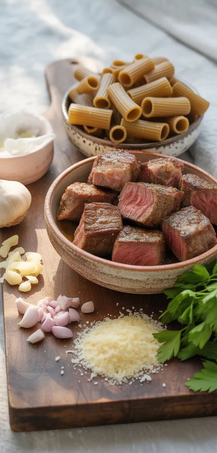 Ingredients photo for Garlic Butter Steak With Creamy Parmesan Rigatoni Recipe