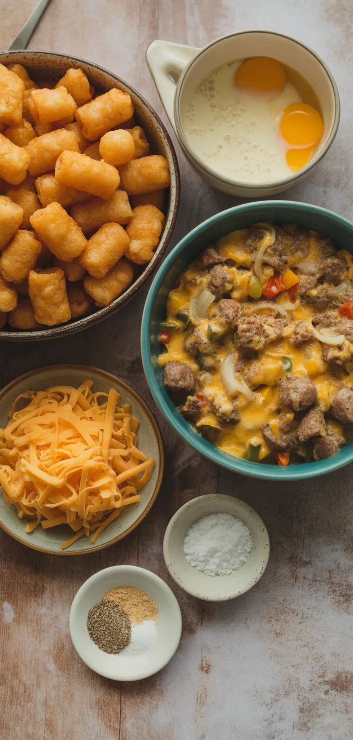 Ingredients photo for Sausage, Egg And Cheese Tater Tot Casserole Recipe
